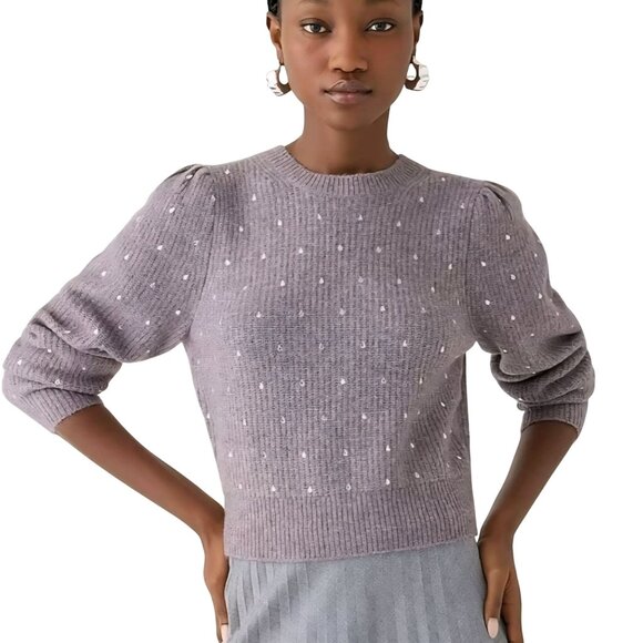 J.Crew Puff Sleeve Rhinestone Heathered Purple Supersoft Yarn Sweater Size XS - Picture 1 of 8